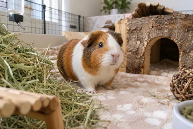 Cobaya explorando un recinto con heno
