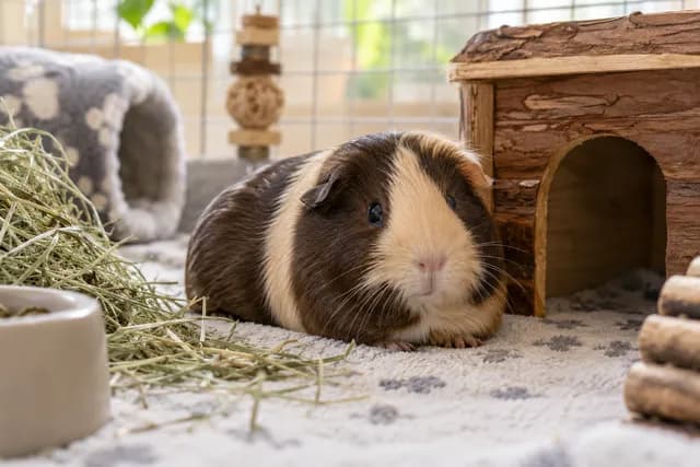 Cobaya descansando junto a un refugio de madera