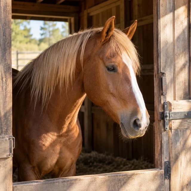 Caballo alazán descansando junto a la puerta abierta de una cuadra