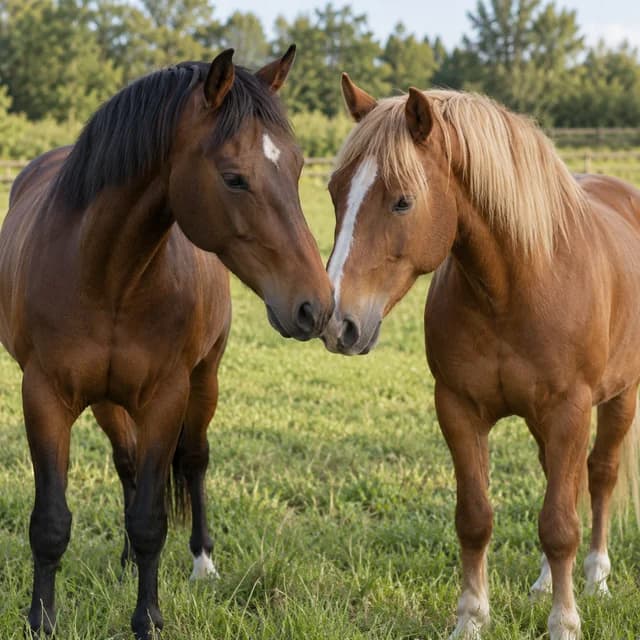 Caballos castaño y alazán juntos en un prado